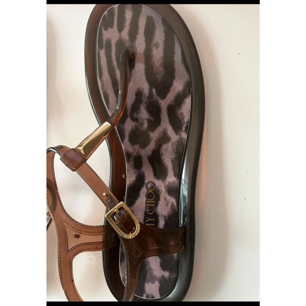 Jimmy Choo Brown Leopard Print Jelly Sandals T-Strap Flat Size 39 Made in Italy - Picture 4 of 9